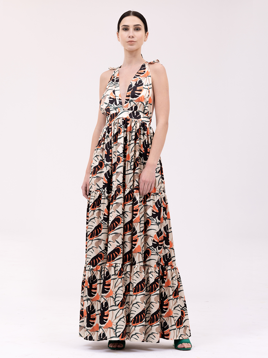 Tropical Leaf Print Halter Tiered Maxi Dress - Front